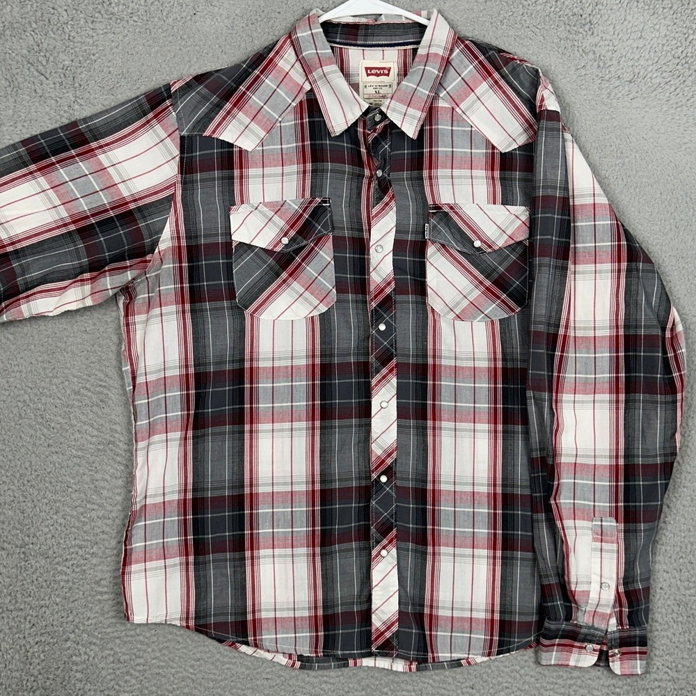 Levis Western Shirt Mens XL Regular Red Plaid Pearl Snap Button Up Flap Pockets